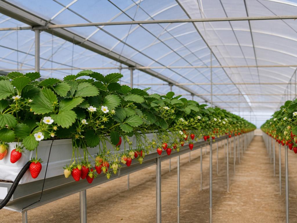 Modern Moroccan strawberry greenhouse with rows of hydroponic plants, red berries and white blossoms
