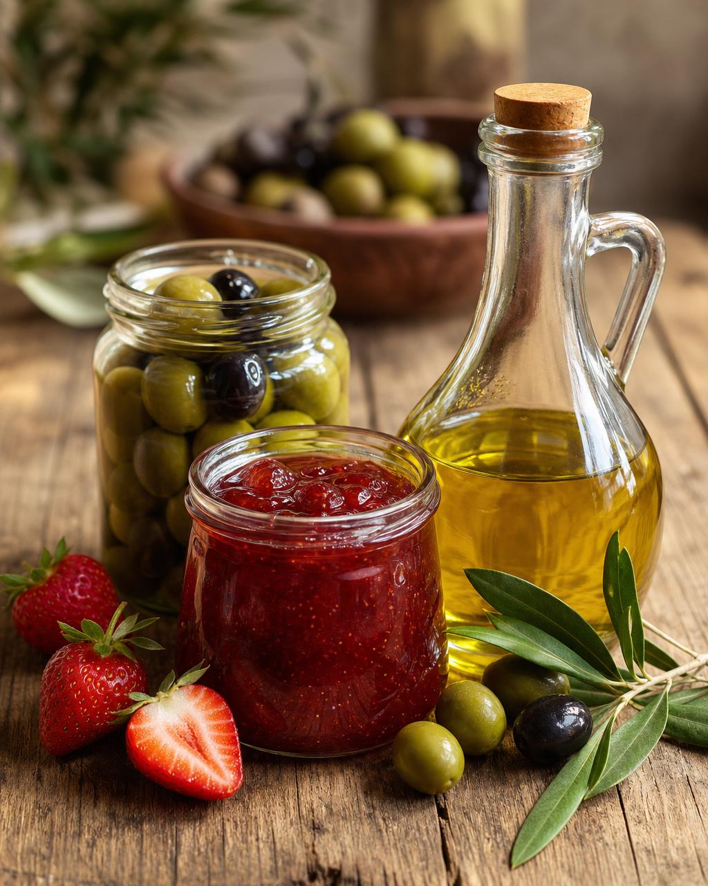 Glass jars of jam and olives next to a bottle of Moroccan olive oil