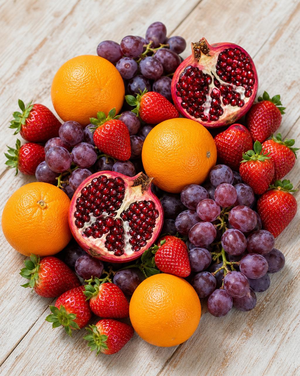Fresh oranges, pomegranates, grapes and strawberries arranged on wood