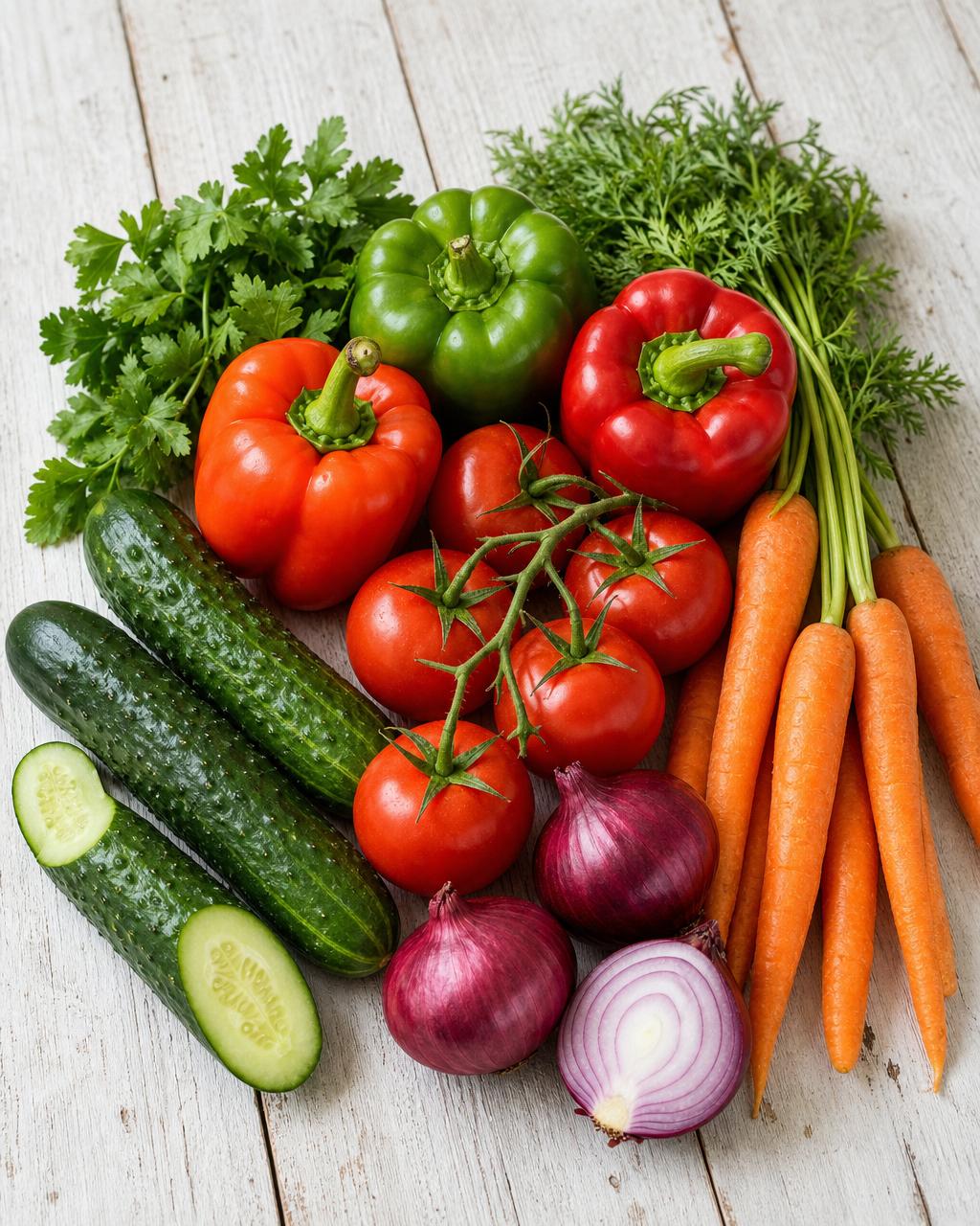 Assortment of fresh Moroccan tomatoes, peppers, cucumbers, onions and carrots