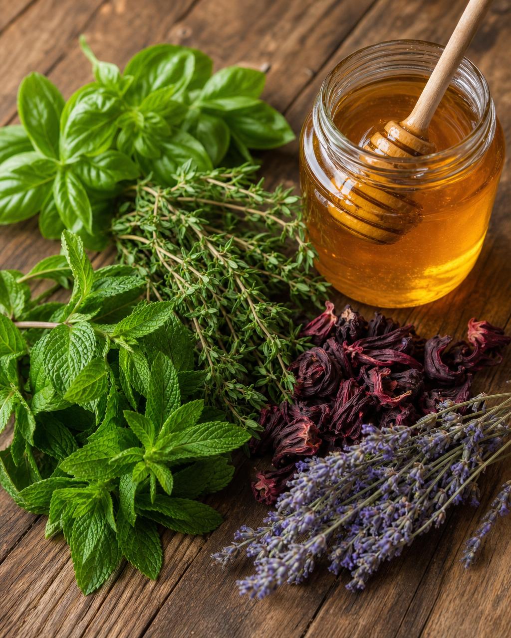 Fresh mint, thyme, basil, dried hibiscus, lavender and a jar of honey