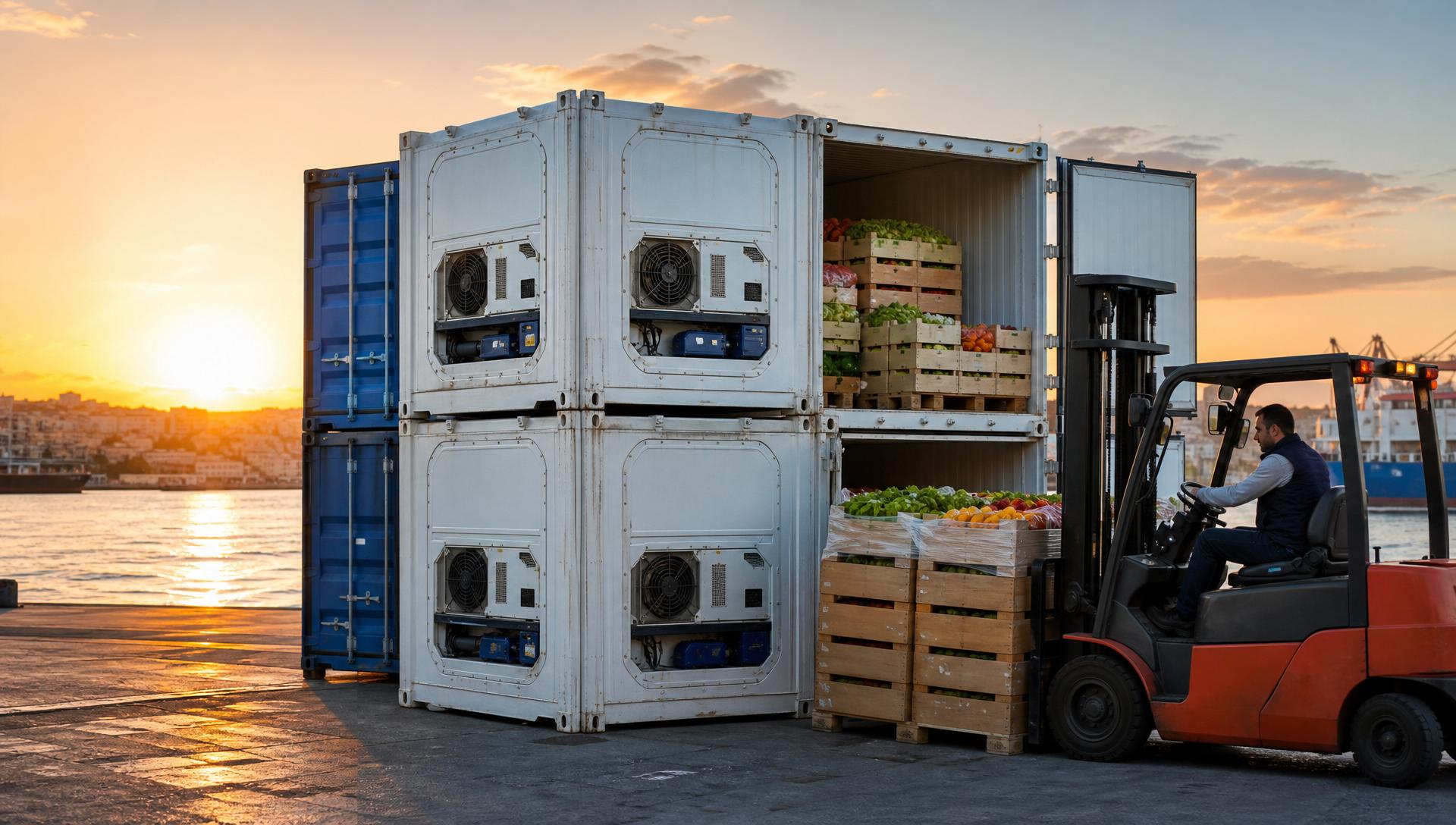 Refrigerated reefer containers and pallets of fresh produce at a Mediterranean port at golden hour