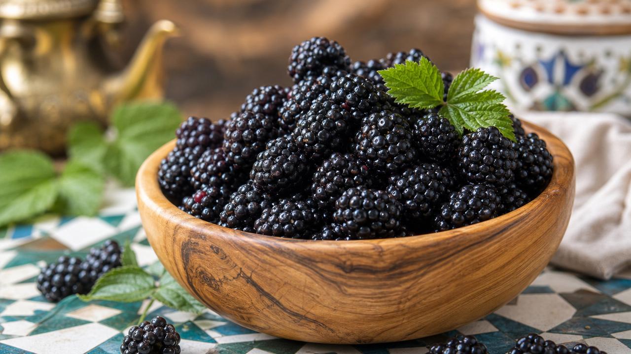 Fresh glossy blackberries in a wooden bowl with leaves