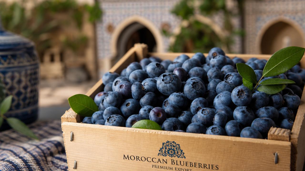 Fresh Moroccan blueberries in a wooden export crate