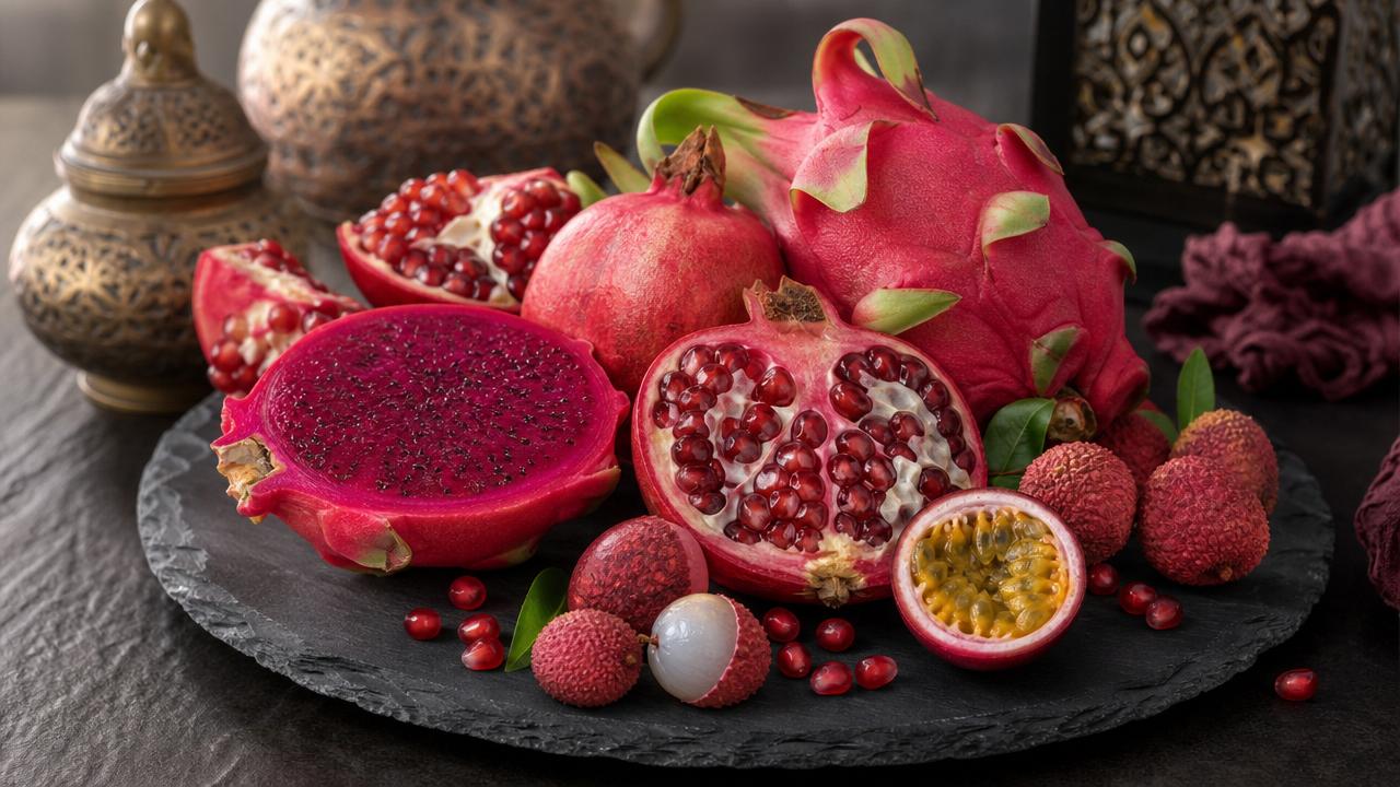 Assortment of red exotic fruits: dragon fruit, pomegranate, passion fruit and lychee