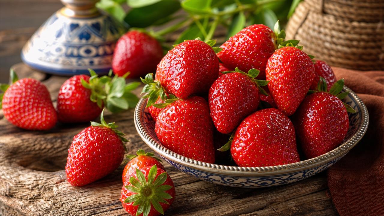 Fresh ripe red Moroccan strawberries in a decorated bowl
