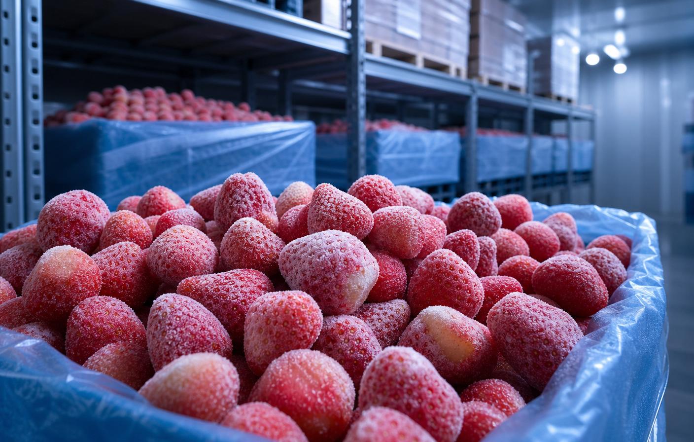 Frosted frozen strawberries in a cold-storage warehouse