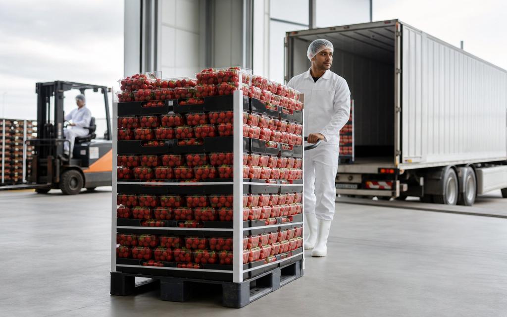 Warehouse worker pushing a tall pallet of fresh Moroccan strawberry clamshells toward a reefer truck