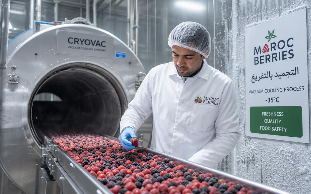 Quality-control worker inspecting frozen berries inside a huge vacuum cooler