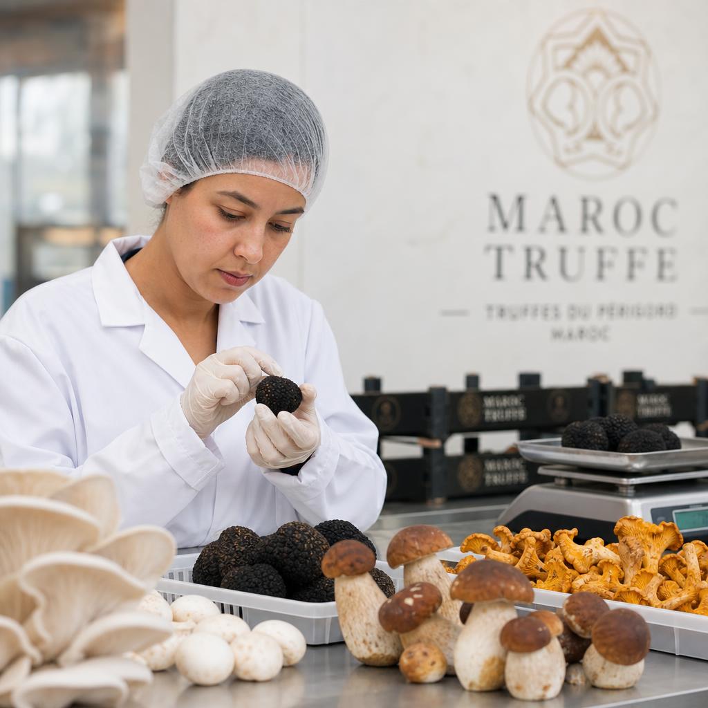 Quality-control inspector in hairnet and gloves grading fresh black Périgord truffles and gourmet mushrooms at a Moroccan packhouse