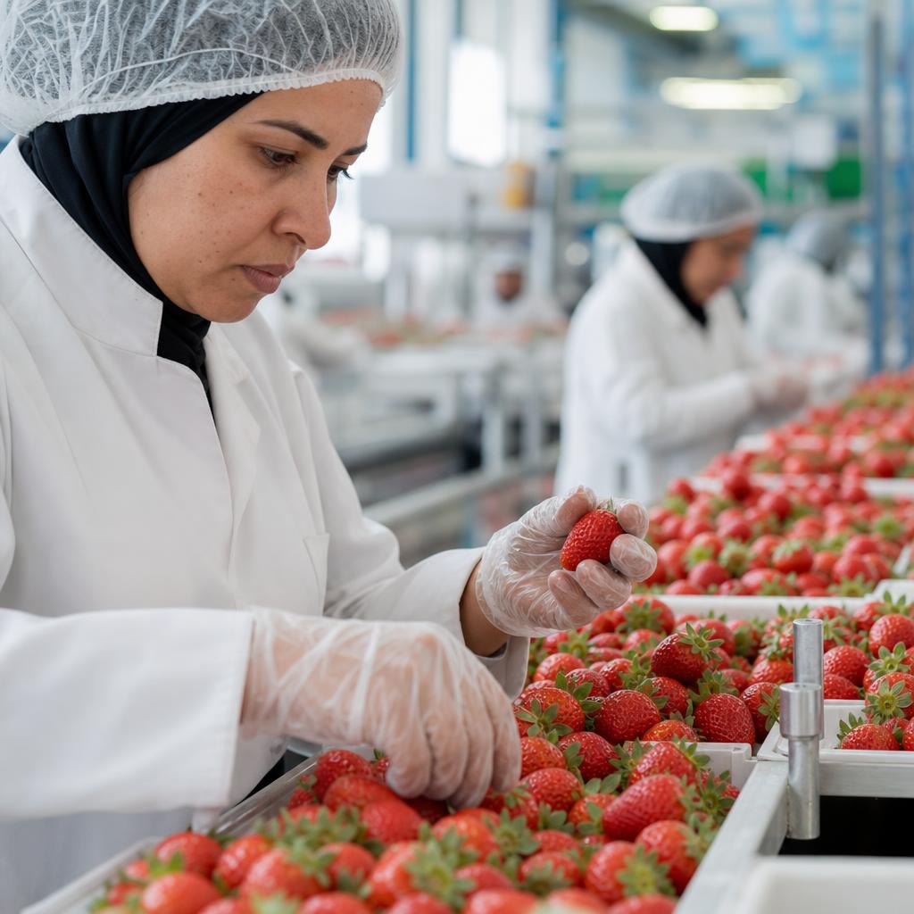 Worker in hairnet and gloves performing strict quality control on fresh Moroccan strawberries at a packing line
