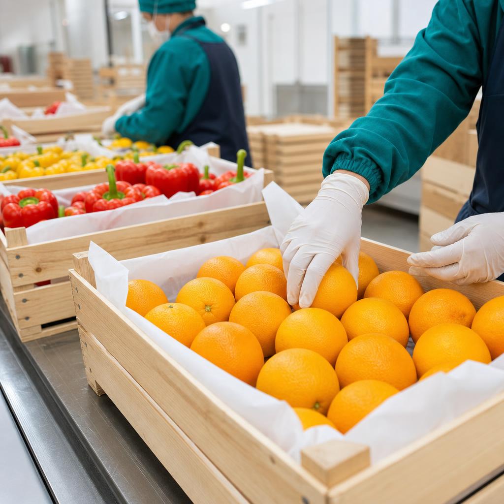 Fresh oranges being packed into export wooden crates