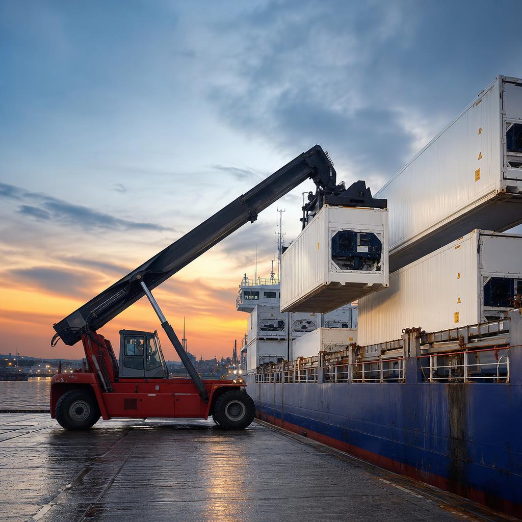 Refrigerated container being loaded onto a cargo ship at the port
