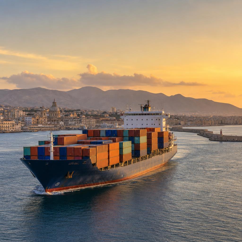 Container cargo ship departing the Mediterranean port at golden hour